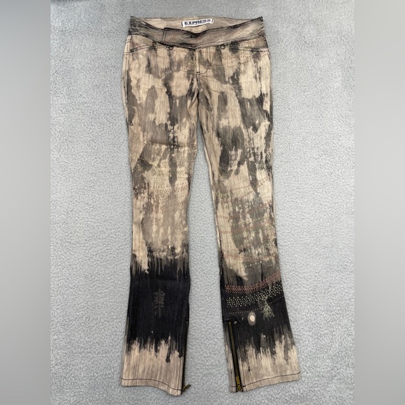 Y2K Express Low Rise Jeans Womens 4 Tan Gray Tie Dye Marble Splatter Zip - Picture 1 of 14